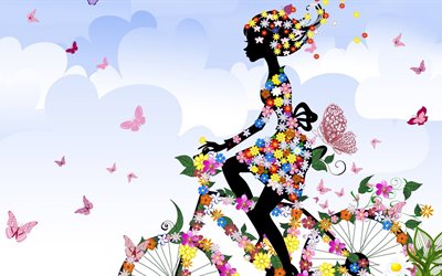 ragazza, fiori, bicicletta, grafica, farfalle, nuvole