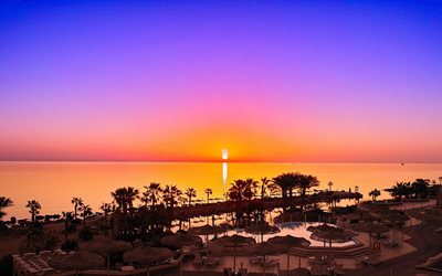 sunset, evening, shore, the sun, umbrellas, coast, palm trees, sea, red, egypt, horizon