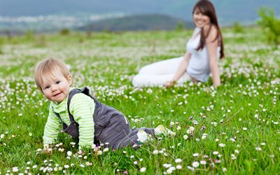 mom, mother, baby, son, child, boy, nature, woman, summer, people, grass, flowers