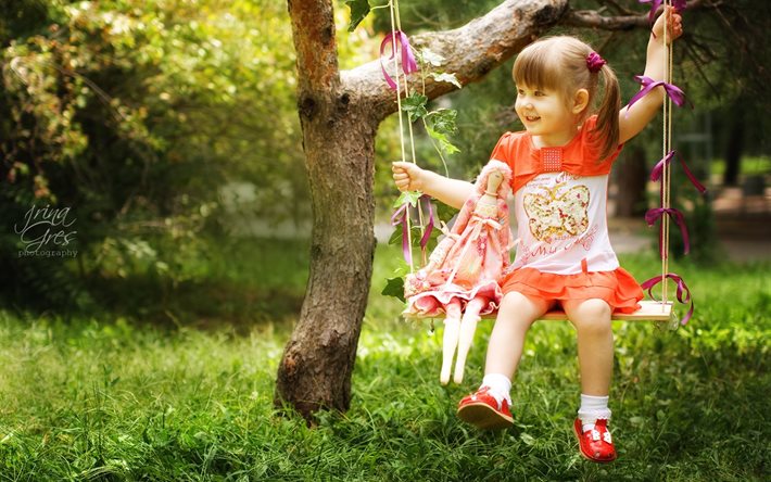 vestido, balanço, árvore, grama, natureza, verão, bebê, menina, criança, crianças, boneca