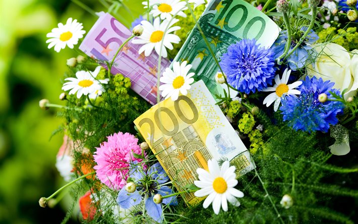 kukkakimppu, kukat, ruoho, laskut, raha, euro