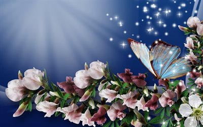 butterfly, flowers, graphics, sparks
