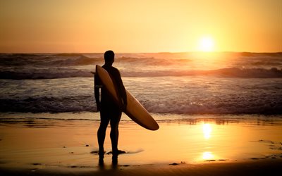 サーフィン, スポーツ, 海洋の, 水, 男, 海岸, /, 夜, 夕日, 太陽