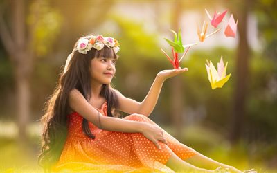 प्रकृति, पुष्पांजलि, गर्मी, फूल, बच्चे, लड़की, क्रेन, origami