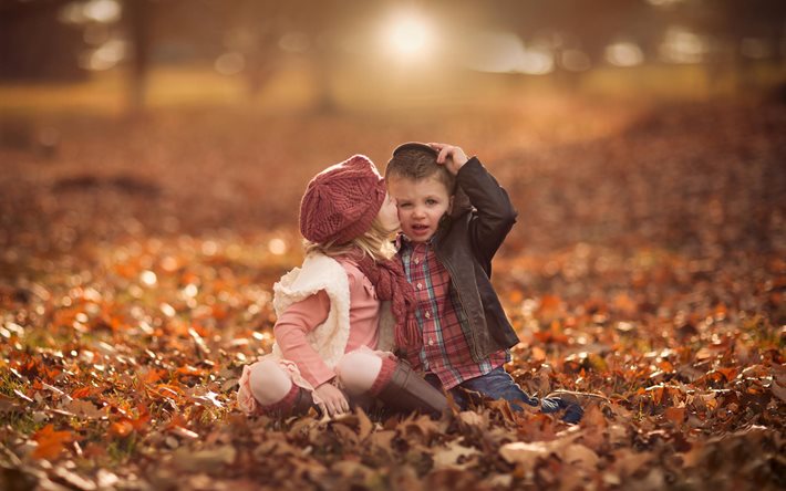 par, beijo, natureza, menina, menino, outono, crianças, folhas