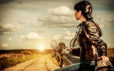 the bike, motorcycle, road, the leather jacket, jacket, field, brunette, nature, girl, the sun