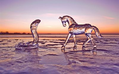snö, häst, glas, is, orm, figur, kväll, vinter, solnedgång
