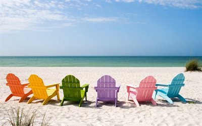 l'oceano, acqua, riva, mare, sabbia, estivo, ombrellone, chaise lounge