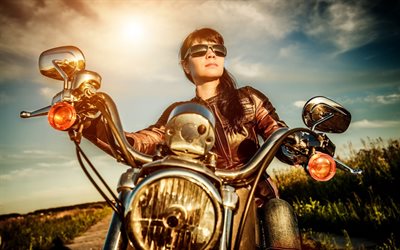 the bike, road, motorcycle, glasses, field, the leather jacket, jacket, nature, brunette, girl, the sun