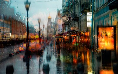 autumn, people, passers-by, the temple, building, home, lights, street, st petersburg, peter, the city, the rain