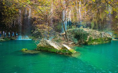 トルコ, アンタルヤ, のkurşunlu滝, 自然, 風景, 水, 木, 植物