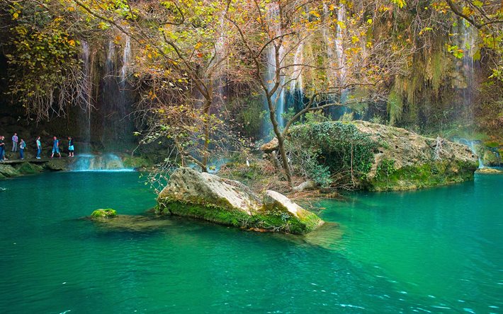 turquia, antália, a cachoeira kursunlu, natureza, paisagem, água, árvores, plantas