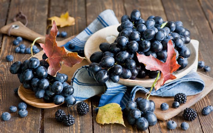 table, blackberry, board, blueberries, tree, grapes, plates, berries, leaves, food, autumn