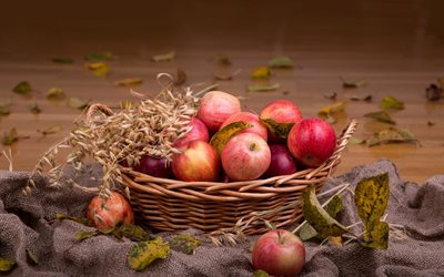 arpillera, tela, las orejas, las hojas, cesta, manzanas, frutas, frutas de otoño