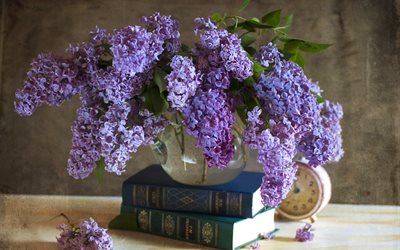 vase, branches, flowers, leaves, lilac, books, the, watch, alarm clock