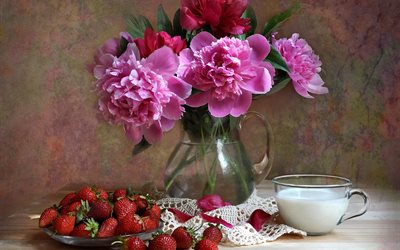 peonies, petals, flowers, saucer, berries, pitcher, strawberry, cup, still life, milk, napkin