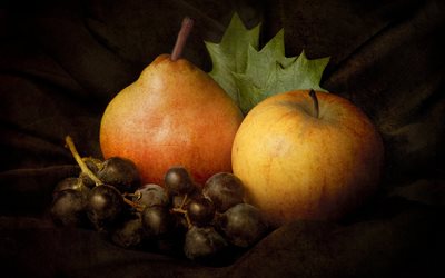 still life, fruit, fruits, apple, pear, leaves, berries, the bunch, grapes, fabric