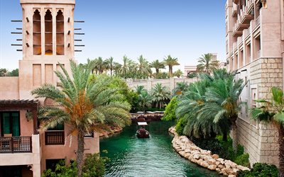 water, channel, home, building, jumeirah, madinat, district, boats, dubai, the city, emirates, uae, palm trees
