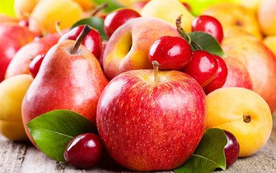 marjat, hedelmät, omenat, päärynät, ruoka, persikat, kirsikka, lehdet