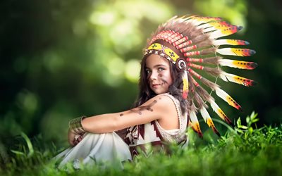 indien, coiffure, colorier, des plumes, de la jeune fille, nature, enfant, enfants, herbe
