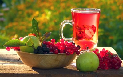 food, berries, kalina, rowan, apples, fruits, fruit, table, board, cup, mug, drink, nature, autumn