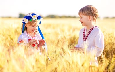 男の子, 女の子, ペア, 子ども, 自然, 分野, 小麦, ukrainians, 花輪, カモミール, cornflowers