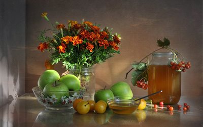 malmequeres, frutas, fita de veludo, flores, maçãs, mel, ameixa, comida, tigela, bancos, ramo, natureza morta, bagas, kalina
