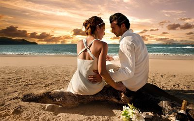 shore, the bride, sand, the groom, sea, the ocean, love, water, girl, snag, tree, guy, bottle, people, glasses, flowers