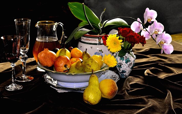 drink, fruit, pitcher, pears, glasses, peaches, garnet, dishes, plum, plates, apples, fabric, vases, still life, flowers, orchid