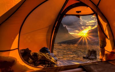 the sun, mountains, nature, tent, things, hike, tourism, shoes