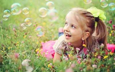 joy, smile, grass, field, summer, nature, girl, child, children, bubbles