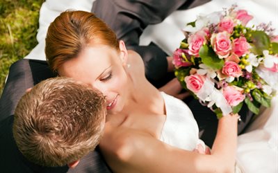 love, wedding, kiss, the bride, the groom, bouquet, woman, man, flowers, pair, people, rose