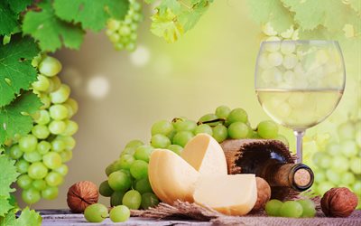 bräda, bord, flaska, löv, glas, dryck, vinstockar, vin, vindruvor, nötter, klasar, ost, bär, tyg, säckväv