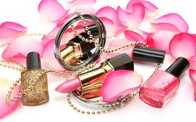rose, les pétales, les perles, miroir, bulle, rouge à lèvres, vernis, cosmétiques, glamour