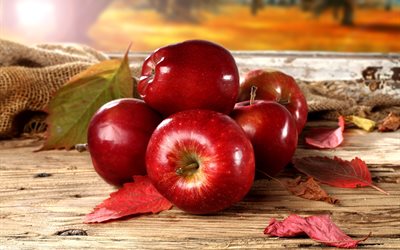 manzanas, frutos, hojas, otoño, alféizar, frutas, tabla, ventana, marco, arpillera