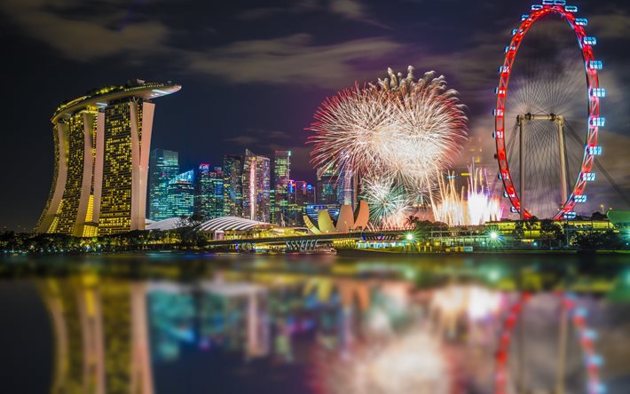 reflection, water, salute, the hotel, fireworks, skyscrapers, night, building, light, the city, lights, singapore, wheel