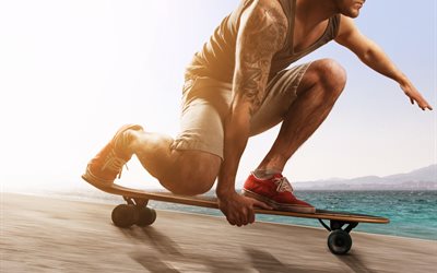 tattoo, speed, man, guy, board, road, skate, skateboarding, sports, water