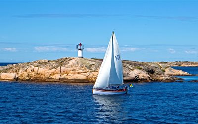 stones, water, boat, the ocean, yacht, sea, sail, nature, lighthouse