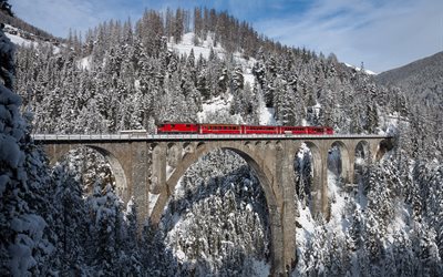 train, trees, snow, winter, mountains, the viaduct, the bridge, switzerland, landscape, nature, road