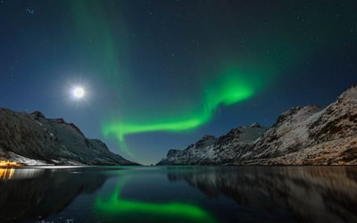 mountains, water, the lake, landscape, the sky, stars, nature, night, the moon, lights