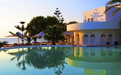 landscape, sea, water, pool, palm trees, nature, the building, the hotel, greece, santorini