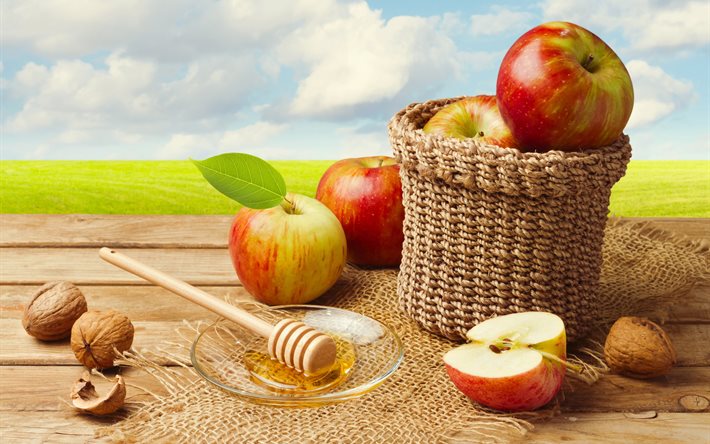 la miel, el platillo, tela, nueces, cesta de frutas, arpillera, las frutas, las manzanas, el otoño, la junta de