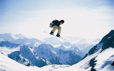 snowboard, snowboarder, athlet, sport, springen, berge, himmel, schnee, haus, winter, bäume