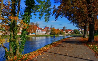 strada, città, acqua, neu-ulm, fiume, bayern, germania, alberi, autunno