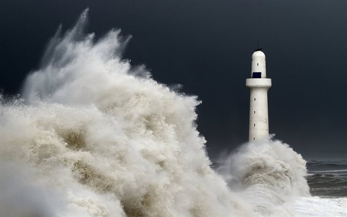 sea, water, lighthouse, winter, wave