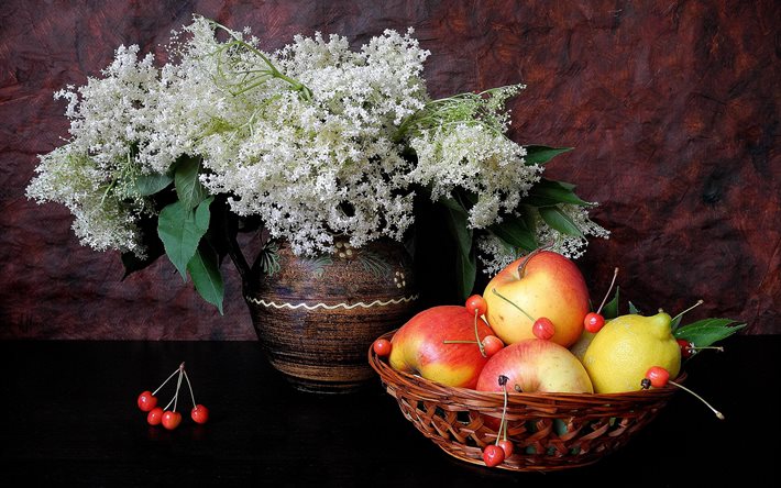 natürmort, vazo, dal, yaprak, çiçek, sepet, gıda, meyve, elma, çilek, kiraz, narenciye, limon