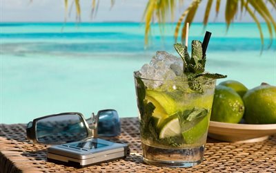 water, the ocean, palm trees, shore, straw, ice, leaves, mint, glasses, lime, cocktail, glass, mojito, phone, drink, nature, food, table