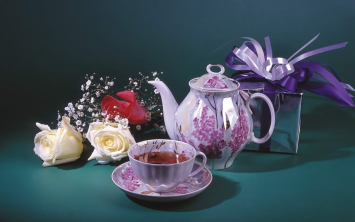 cuadro, rosa, flores, té, bebida, hervidor de agua, una taza de regalo