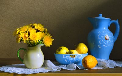 bouquet, flowers, lemon, apples, dandelions, fruit, bowl, pitcher, still life, napkin