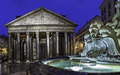templet, pantheon, fontän, rotundans område, rotundan, källa, område, rom, vatten, staden, italien, skulptur